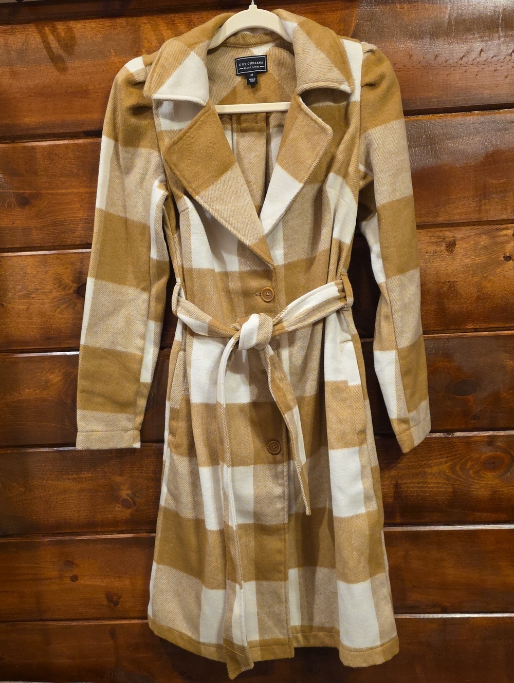 Camel & White Plaid Belted Trench Coat